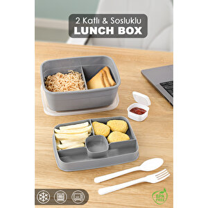 2 Katlı Bölmeli Beslenme Kabı - Yemek Taşıma Saklama Kabı Diyet Lunch Box Sosluk Kaşık Çatal Gri