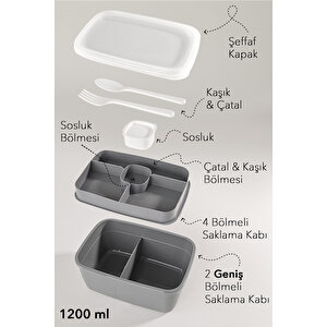 2 Katlı Bölmeli Beslenme Kabı - Yemek Taşıma Saklama Kabı Diyet Lunch Box Sosluk Kaşık Çatal Gri