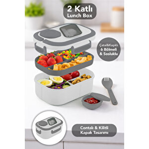 Bondie Kilitli Kapak Yemek Kabı - 2 Katlı Bölmeli Kaşık Ve Sosluklu Lunch Box Beslenme Kutusu Gri