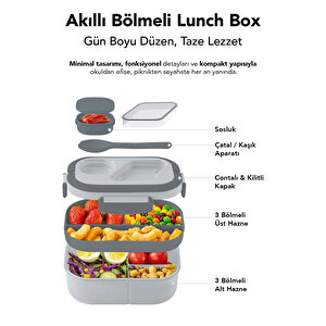 Bondie Kilitli Kapak Yemek Kabı - 2 Katlı Bölmeli Kaşık Ve Sosluklu Lunch Box Beslenme Kutusu Gri