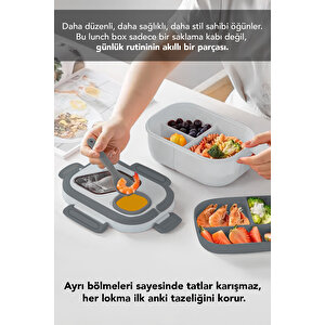 Bondie Kilitli Kapak Yemek Kabı - 2 Katlı Bölmeli Kaşık Ve Sosluklu Lunch Box Beslenme Kutusu Gri