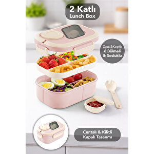 Bondie Kilitli Kapak Yemek Kabı - 2 Katlı Bölmeli Kaşık Ve Sosluklu Lunch Box Beslenme Kutusu Pembe