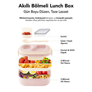 Bondie Kilitli Kapak Yemek Kabı - 2 Katlı Bölmeli Kaşık Ve Sosluklu Lunch Box Beslenme Kutusu Pembe