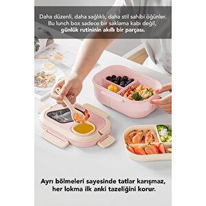 Bondie Kilitli Kapak Yemek Kabı - 2 Katlı Bölmeli Kaşık Ve Sosluklu Lunch Box Beslenme Kutusu Pembe