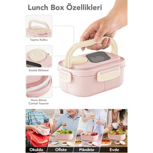 Bondie Kilitli Kapak Yemek Kabı - 2 Katlı Bölmeli Kaşık Ve Sosluklu Lunch Box Beslenme Kutusu Pembe