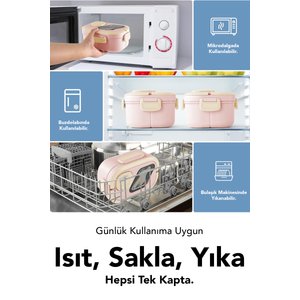 Bondie Kilitli Kapak Yemek Kabı - 2 Katlı Bölmeli Kaşık Ve Sosluklu Lunch Box Beslenme Kutusu Pembe