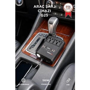 Araç Şarj Aleti 150w Çakmaklık İnvertör & Şarj Soketi 220v Priz+çoklu Usb Araba Çakmaklık G25 Siyah
