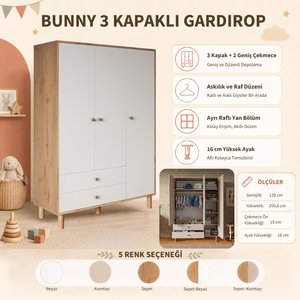 Kg3040 Bunny Beyaz 120 Cm, 3 Kapaklı Gardırop, 2 Çekmeceli Yüksek Ayaklı Çocuk Odası Gardırobu