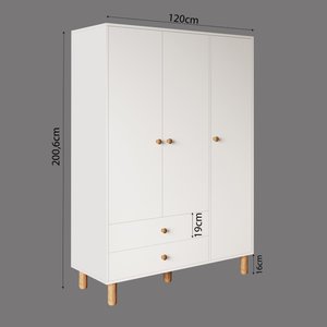 Kg3040 Bunny Beyaz 120 Cm, 3 Kapaklı Gardırop, 2 Çekmeceli Yüksek Ayaklı Çocuk Odası Gardırobu