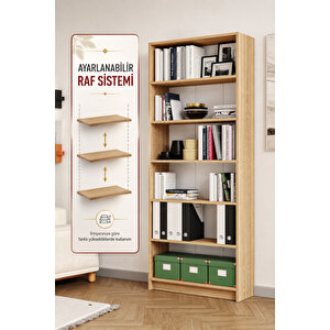 Bili Kitaplık 5 Raflı Geniş Çok Amaçlı Ofis Salon Kitap Dosya Rafı Meşe Meşe