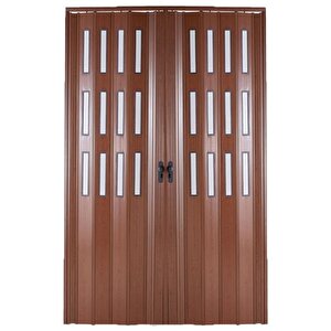 Akordiyon Kapı  134x250 Ceviz Camlı Çift Açılım Kalın Kapı Katlanır Akordeon Pvc Anahtar Kilitli