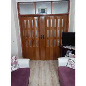 Akordiyon Kapı  202x189 Meşe Camlı Çift Açılım Kalın Kapı Katlanır Akordeon Pvc Anahtar Kilitli 202x189 cm