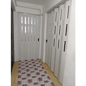 Akordiyon Kapı  136x250 Beyaz Camlı Kalın Kapı Katlanır Akordeon Pvc Anahtar Kilitli