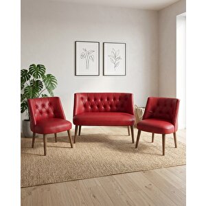 Milano 2+1+1 Deri Çay Seti Koltuk Takımı Ofis Bekleme Takımı Ceviz Ahşap Ayaklı - Kırmızı