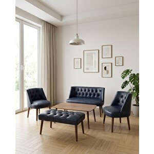 Milano 2+1+1+sehpa+bench Deri Çay Seti Koltuk Takımı Ofis Bekleme Takımı Ahşap Ayaklı - Lacivert
