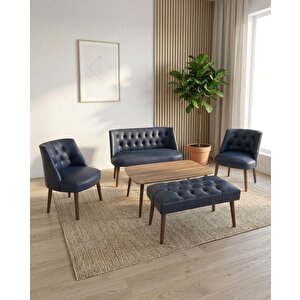 Milano 2+1+1+sehpa+bench Deri Çay Seti Koltuk Takımı Ofis Bekleme Takımı Ahşap Ayaklı - Lacivert