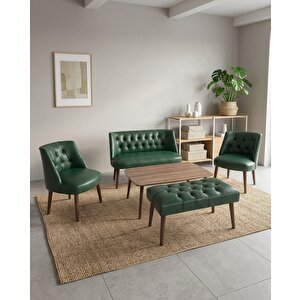 Milano 2+1+1+sehpa+bench Deri Çay Seti Koltuk Takımı Ofis Bekleme Takımı Ahşap Ayaklı - Yeşil