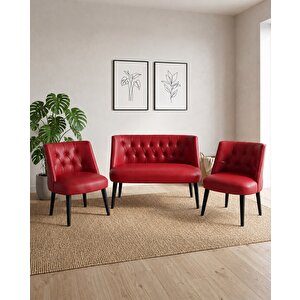 Milano 2+1+1 Deri Çay Seti Koltuk Takımı Ofis Bekleme Takımı Siyah Ahşap Ayaklı - Kırmızı
