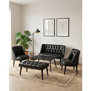 Milano 2+1+1+sehpa+bench Deri Çay Seti Koltuk Takımı Ofis Bekleme Takımı Ahşap Ayaklı - Siyah