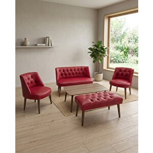 Milano 2+1+1+sehpa+bench Deri Çay Seti Koltuk Takımı Ofis Bekleme Takımı Ahşap Ayaklı - Kırmızı