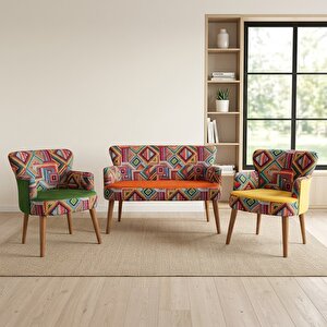 Roma 2+1+1 Renkli Kumaşlı Balkon Çay Seti Koltuk Takımı - Ahşap Ayak -  3 Renkli