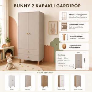 Kg2050 Bunny Sepet 80 Cm, 2 Kapaklı Gardırop, 2 Çekmeceli Yüksek Ayaklı Çocuk Odası Gardırobu