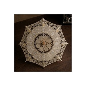 Dantelli Bali Şemsiyesi Bambu Altlıklı Püsküllü Dekoratif Obje 31,5 × 28 Cm – Krem Renk Bohem Masa, Konsol, Kahve Köşesi Ve Ev Dekorasyon Aksesuarı