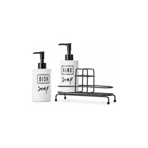 2'li Beyaz Seramik Sıvı Sabunluk Ve Deterjanlık Seti, Hand Soap Ve Dish Soap Yazılı, 2 X 400 Ml Kapasiteli, Mutfak Tezgâhı Ve Banyo İçin Düzenleyici, 21 X 8 X 14 Cm