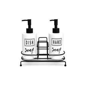 2'li Beyaz Seramik Sıvı Sabunluk Ve Deterjanlık Seti, Hand Soap Ve Dish Soap Yazılı, 2 X 400 Ml Kapasiteli, Mutfak Tezgâhı Ve Banyo İçin Düzenleyici, 21 X 8 X 14 Cm