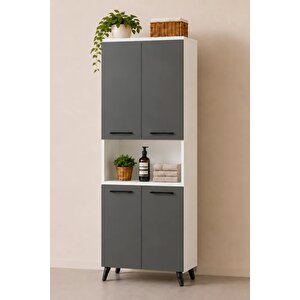 Enda Home Listra 4 Kapaklı Çok Amaçlı Dolap 170,8 Cm, Raflı, Ayaklı Depolama Dolabı Antrasit - Beyaz