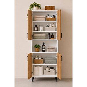 Enda Home Listra 4 Kapaklı Çok Amaçlı Dolap 170,8 Cm, Raflı, Ayaklı Depolama Dolabı Atlantik Çam - Beyaz