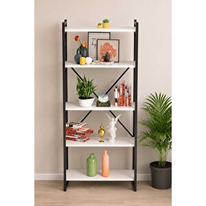 Falez Dekoratif 5 Raflı Kitaplık Geniş Metal Kitaplık Dosya Rafı Ofis Salon Raf 180x66 Beyaz