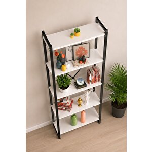 Falez Dekoratif 5 Raflı Kitaplık Geniş Metal Kitaplık Dosya Rafı Ofis Salon Raf 180x66 Beyaz
