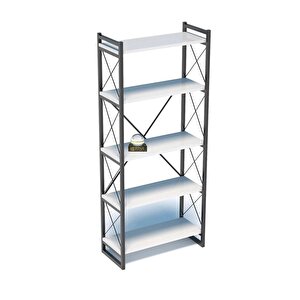 Falez Dekoratif 5 Raflı Kitaplık Geniş Metal Kitaplık Dosya Rafı Ofis Salon Raf 180x66 Beyaz