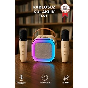 Bluetooth Hoparlör Rgb Işıklı Kablosuz Karaoke Ses Sistemi Çift Mikrofonlu Parti Speaker D94 Krem