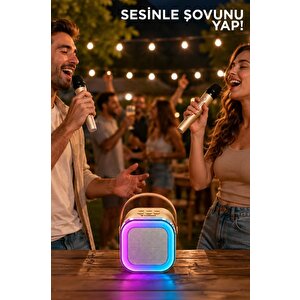 Bluetooth Hoparlör Rgb Işıklı Kablosuz Karaoke Ses Sistemi Çift Mikrofonlu Parti Speaker D94 Krem