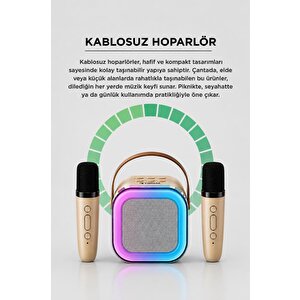 Bluetooth Hoparlör Rgb Işıklı Kablosuz Karaoke Ses Sistemi Çift Mikrofonlu Parti Speaker D94 Krem