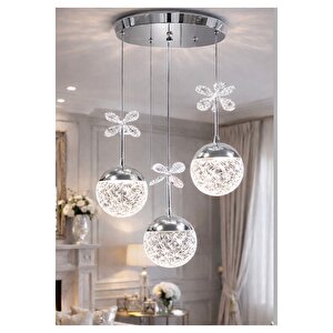 Bruce Luxury Led Avize Üçlü Sarkıt Salon Avizesi Parlak Krom Kaplama Gün Işığı Power Led Gümüş Gri