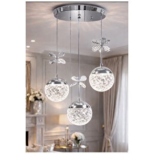 Bruce Luxury Led Avize Üçlü Sarkıt Salon Avizesi Parlak Krom Kaplama Gün Işığı Power Led Gümüş Gri