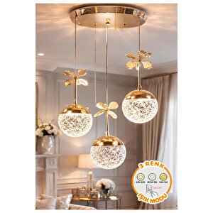 Bruce Wayne 3 Renk Işıklı Led Avize Üçlü Sarkıt Salon Oturma Odası Mutfak Avizesi Parlak Gold Sarı Kaplama Power Led Sarı