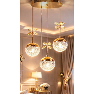 Bruce Wayne 3 Renk Işıklı Led Avize Üçlü Sarkıt Salon Oturma Odası Mutfak Avizesi Parlak Gold Sarı Kaplama Power Led Sarı