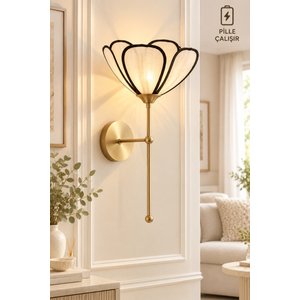Modern Tasarım Rose Çiçek Lale Kablosuz Pilli Aplik Eskitme Gold Sarı Gövde Ekru Kumaş Tak Çalıştır Eskitme Altın