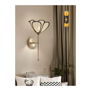 Modern Tasarım Rose Çiçek Lale Kablosuz Pilli Aplik Eskitme Gold Sarı Gövde Ekru Kumaş Tak Çalıştır Eskitme Altın