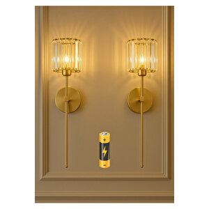 Modern Tasarım Kristal Taşlı Kablosuz Aç Kapa Butonlu Pilli Aplik Eskitme Gold Tak Çalıştır 1 Adet Sarı