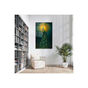 Ay Işığı Altında Tavus Kuşu Tasarımı Cam Tablo | Hayvan Figürlü Dekoratif Duvar Tablosu, Salon, Ofis Ve Çalışma Alanı Dekoru, 30x45 cm