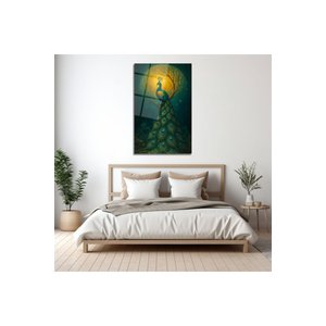 Ay Işığı Altında Tavus Kuşu Tasarımı Cam Tablo | Hayvan Figürlü Dekoratif Duvar Tablosu, Salon, Ofis Ve Çalışma Alanı Dekoru, 30x45 cm