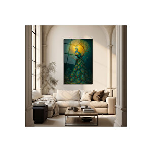 Ay Işığı Altında Tavus Kuşu Tasarımı Cam Tablo | Hayvan Figürlü Dekoratif Duvar Tablosu, Salon, Ofis Ve Çalışma Alanı Dekoru, 72x46 cm