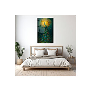 Ay Işığı Altında Tavus Kuşu Tasarımı Cam Tablo | Hayvan Figürlü Dekoratif Duvar Tablosu, Salon, Ofis Ve Çalışma Alanı Dekoru, 72x46 cm