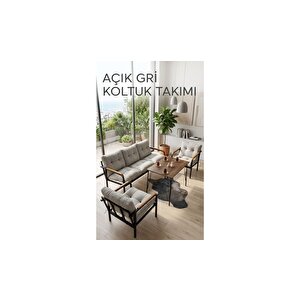 Açıkgri Metal Bahçe Balkon Oturma Grubu - Loft Tarzı Koltuk Ve Masa Seti 3-1-1