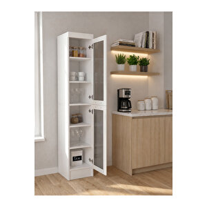Temperli Cam Kapaklı Led Işıklı Kahve Köşesi, Kiler Dolabı Çok Amaçlı Dolap Beyaz | Didima